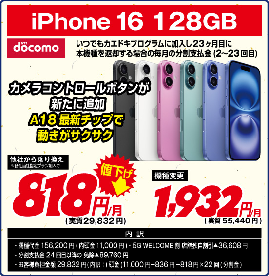 iPhone 16 128GB カメラコントロールボタンが新たに追加 A18最新チップで動きがサクサク NTT docomo いつでもカエドキプログラムに加入し23ヶ月目に本機種を返却する場合の毎月の分割支払金（2～23回目） 他社から乗り換え ※各社当社指定プラン加入で 値下げ ↓ 818円／月（実質29,832円） 機種変更1,932円／月（実質55,440円） 内訳： ・機種代金 156,200円（内頭金11,000円）・5G WELCOME割 店舗独自割引▲36,608円 ・分割支払金 24回目以降の免除▲89,760円 ・お客様負担金額29,832円（内訳：（頭金）11,000円＋836円＋818円×22回（分割金））