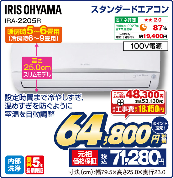 スタンダードエアコン IRIS OHYAMA IRA-2205R 暖房時5〜6畳用 （冷房時6〜9畳用） 設定時間まで冷やしすぎ、温めすぎを防ぐように室温を自動調整 高さ25.0cmスリムモデル 省エネ評価：★★2.0 目標年度2027年 省エネ達成率87％ 年間平均電気代（円／年）約19,400円 100V電源 内部洗浄 無料5年長期保証 エアコン本体 税別48,300円（税込53,130円） ＋標準工事費 税込18,150円 ⇒ 税別64,800円 元祖価格保証 税込71,280円 ポイント還元！ 寸法（cm）：幅79.5×高さ25.0×奥行23.0