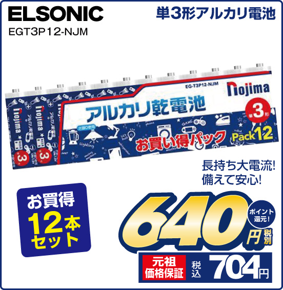 単3形アルカリ電池 ELSONIC EGT3P 12-NJM 長持ち大電流！ 備えて安心！ お買い得12本セット 税別640円 元祖価格保証 税込704円 ポイント還元！