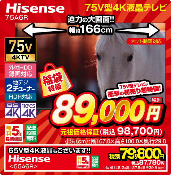 75V型4K液晶テレビ Hisense 75A6R 迫力の大画面！！ 幅約166cm ネット動画対応 75v4KTV 外付HDD録画対応 地デジ2チューナー HDR対応 BS4K 110°CS4K 無料5年長期保証 配送設置無料 福袋特価 75V型テレビが衝撃の超特価！ 税別89,000円 元祖価格保証 税込98,700円 寸法（cm）：幅167.0×高さ100.0×奥行29.8 65V型4K液晶もございます！！ Hisense 65A6R 無料5年長期保証 配送設置無料 税別79,800円 元祖価格保証 税込87,780円 寸法 幅145.2×高さ87.5×奥行29.8（cm）