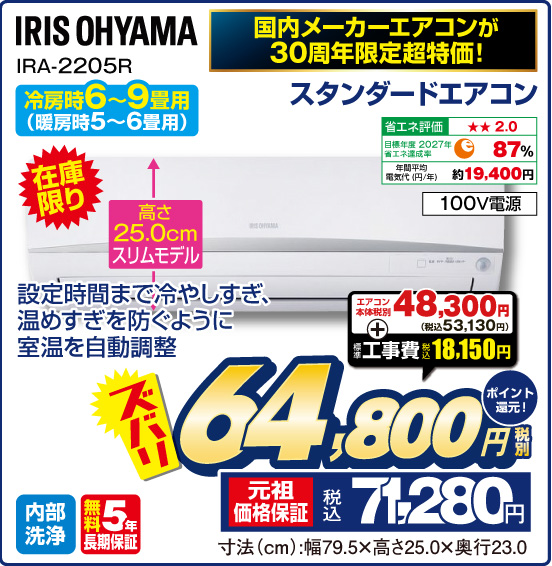 国内メーカーエアコンが30周年限定超特価！ スタンダードエアコン IRIS OHYAMA IRA-2205R 冷房時6〜9畳用（暖房時5〜6畳用） 在庫限り 設定時間まで冷やしすぎ、温めすぎを防ぐように室温を自動調整 省エネ評価：★★2.0 目標年度2027年 省エネ達成率87％ 年間平均電気代（円／年）約19,400円 100V電源 内部洗浄 無料5年長期保証 エアコン本体 税別48,300円（税込53,130円） ＋ 標準工事費 税込18,150円 ⇒ ズバリ 税別64,800円 元祖価格保証 税込71,280円 ポイント還元！ 寸法（cm）：幅79.5×高さ25.0✕×奥行23.0